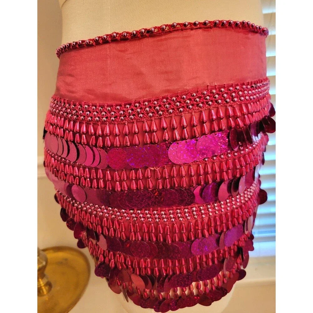 Belly Dance Paillette Hip Scarf Burgundy Magenta Beaded Fringe Preowned Costume